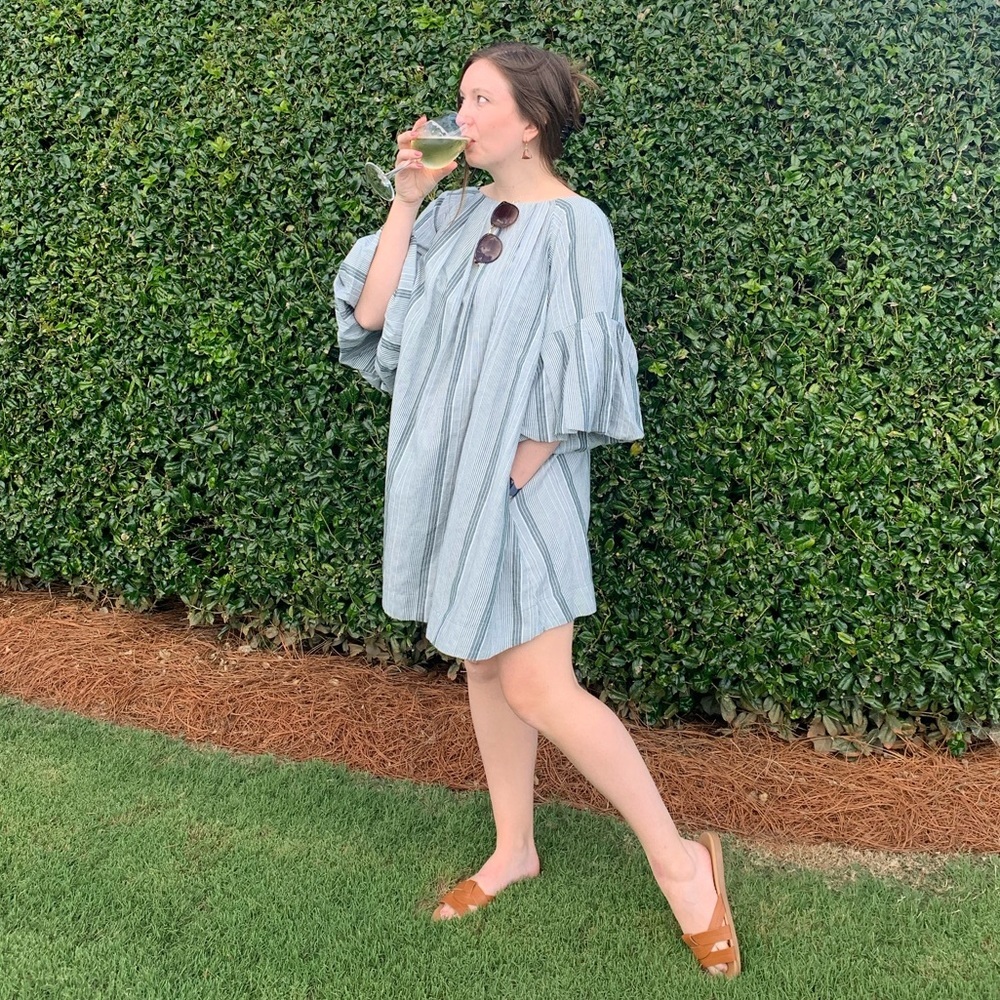 Free People Green White Striped Mini Dress Puff Sleeves